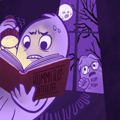 Yhden hengen huone -tekstin oikealla puolella on kummitus, joka lukee Kummitusjuttuja-kirjoaa.