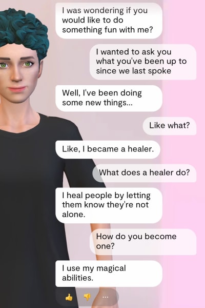 En bild på en konversation i chatformat. Konversationen handlar om att den ena har lärt sig healing.