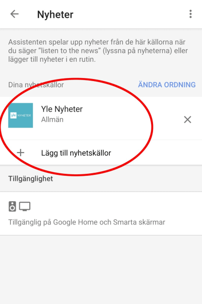 Skärmkapning från mobil som visar Google Assistants inställningsmeny för att lägga till personliga nyhetskällor