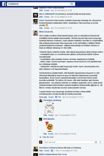 En skärmdump från en diskussion på Facebook i gruppen Lohjalaiset (Lojobor). Stadsdirektören går in och kommenterar diskussionen.