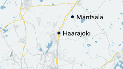 Karta där Helsingfors finns nere på bilden och Haarajoki och Mäntsälä har märkts ut i bildens övre del.