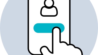 Piirroskuvassa sormi osoittaa mobiililaitteen näytöllä nappulaa, joka on käyttäjäkuvakkeen alla. 