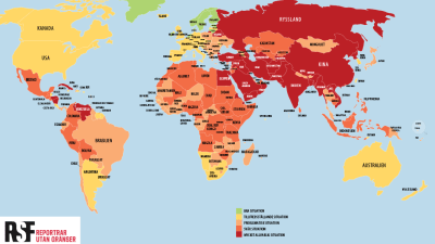 En karta som visar pressfrihetsindexet för varje land.