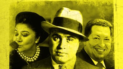 12 diktaattoria -sarjan esittelykuva. Imelda Marcos, Al Capone ja Hugo Chavez.