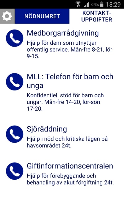 Skärmdump på information om olika nödnummer från 112 applikationen.