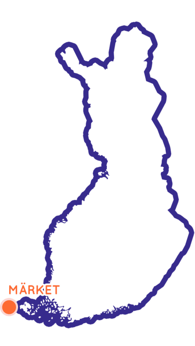 Karta över Finland, med en orange punkt nere till vänster med texten Märket.