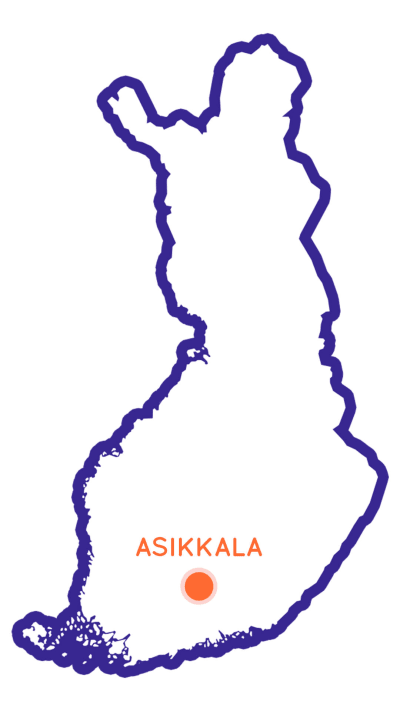 Karta över Finland, nere i mitten en orange boll och ovanför den texten Asikkala.