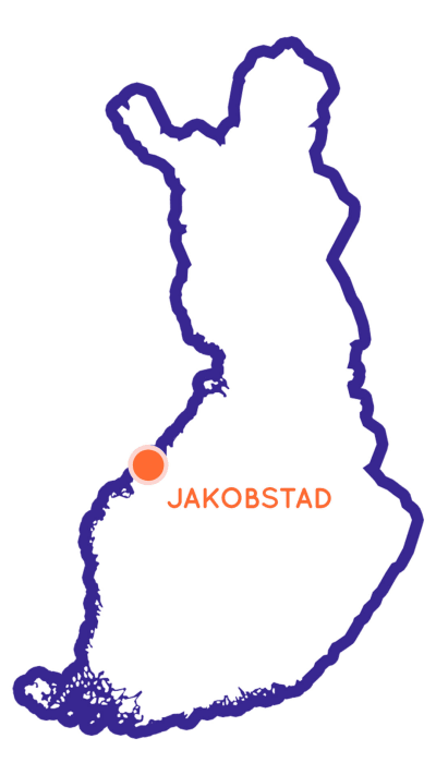Finlands karta med orange prick, intill texten Jakobstad.