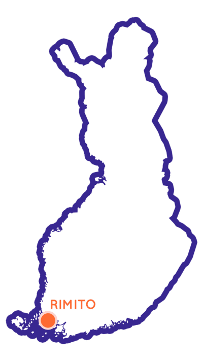 Karta över Finland, en orange prick i sydvästra hörnet med texten Rimito.
