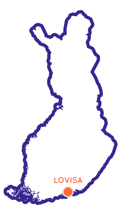 Suomen kartta, jossa merkitty pallolla Loviisa.
