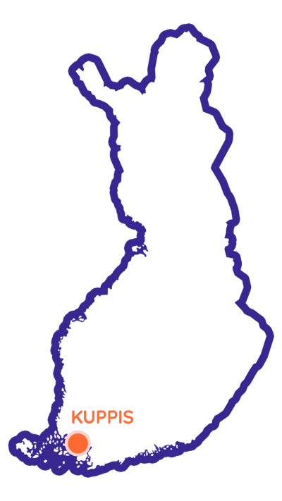 Karta över Finland, i nedre vänstra hörnet en orange boll, bredvid den står det Kuppis med stora bokstäver.