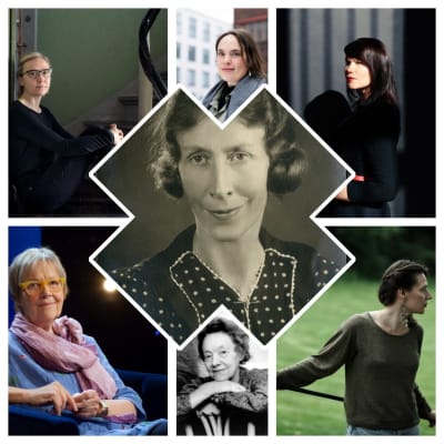 Ett collage med författarna Kerstin Söderholm, Ulrika Nielsen, Solveig von Schoultz, Hannele Mikaela Taivassalo, Tua Forsström, Catharina Gripenberg och Matilda Södergran.