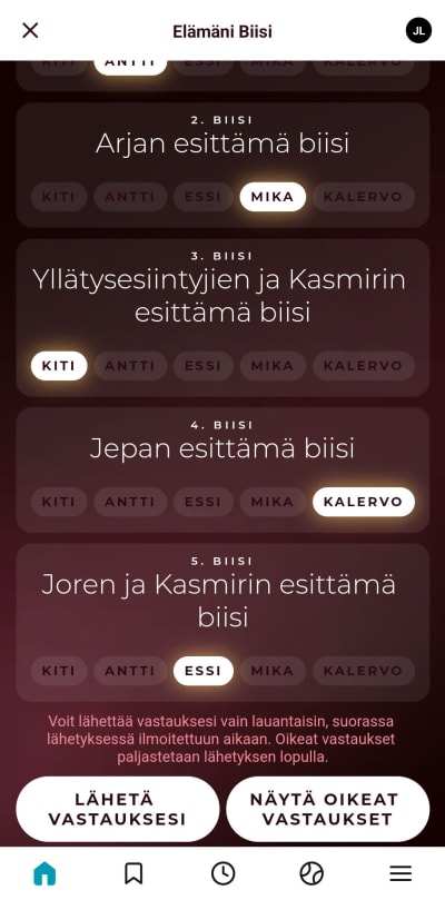 Elämäni Biisi -kännykkäpelin veikkausruutu