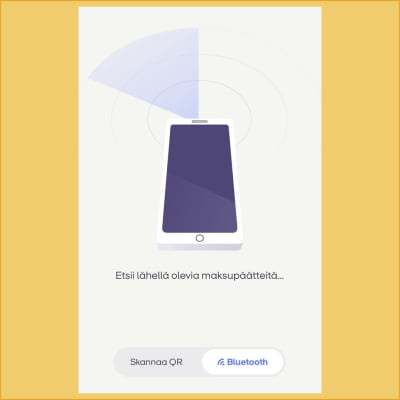 Kuvakaappaus MobilePay-sovelluksesta, puhelin etsii lähellä olevia maksupäätteitä.