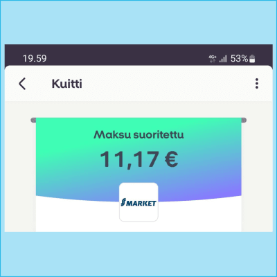 Kuvakaappaus MobilePay -sovelluksesta, näkyvillä kuitti maksusta.