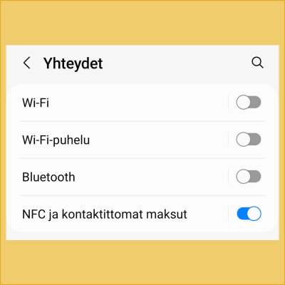 Kuvakaappaus Android-puhelimen asetuksista, NFC-yhteys täpättynä.