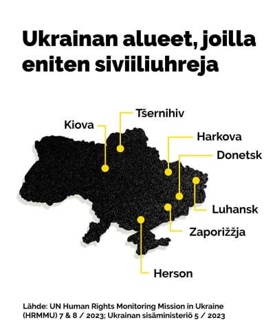 Ukrainan kartta, johon on merkitty alueet, joissa on kuollut eniten siviilejä. 