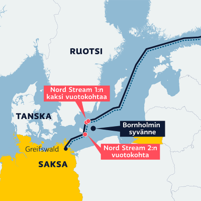 Kartta Nord Stream-putkien vuotokohdista ja Bornholmin syvänteen sijainnista. Bornholmin syvänne sijaitsee Bornholmin saaren itäpuolella, lähellä Nord Stream -kaasuputkien vuotopaikkoja.