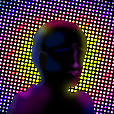 Digital illustration på en svart siluett som ser ledsen ut mot neonfärgad bakgrund.
