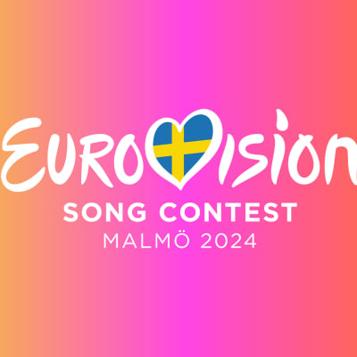 Keltaista, vaaleanpunaista ja oranssia väriä, joiden päällä on vuoden 2024 Euroviisujen logo.