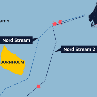 Karta som visar de tre läckagen i Nord Stream 1 och 2 utanför Bornholm
