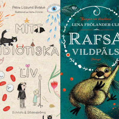 Collage med tre Runeberg Junior-nominerade barnböcker: Ljusligheter av Hanna Lundström och Maija Hurme, Mitt Idiotiska liv av Petra Lillsund Botéus och Herta Donner och Rafsa Vildpäls av Lena Frölander-Ulf. 