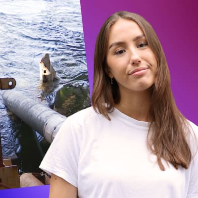 Isabella Biorac Haaja står bredvid en bild på ett rör som sänks ner i vattnet från ett fartyg.