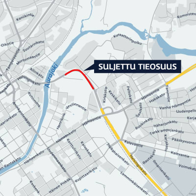 Kartta tietöiden vaikutuksesta Turun keskustassa. Karttaan on piirretty suljettu tieosuus.