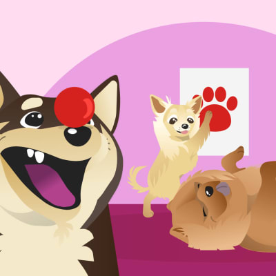 Piirroskuva neljästä koirasta, joista kaksi kurkkii kuvan laidoilta. Molemmilla koirilla on punainen pallo. Taustalla kaksi muuta koiraa, joista toinen makoilee selällään ja toinen laittaa tassujulistetta seinälle.