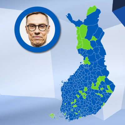 Grafiken visar de kommuner där Alexander Stubb och Pekkka Haavisto var populärast i presidentvalets andra omgång. Stubb vann i 261 av Finlands 309 kommuner.