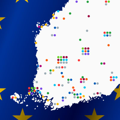 Illustrationen visar en Finlandskarta med olikfärgade prickar. I bakgrunden syns EU-flaggan.