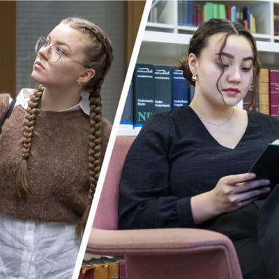 Kahden kuvan yhdistelmässä vasemmalla opiskelija Sara Mäkinen etsii kirjaa kirjastossa, oikealla opiskelija Wendi Kivistö lukee kirjaa kirjaston nojatuolissa