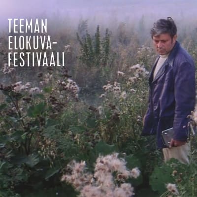 Mies seisoo niityllä mustassa takissa, kuva Andrei Tarkovskin elokuvasta Solaris, kuvassa myös teksti "Teeman elokuvafestivaali".