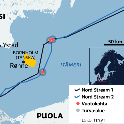 Kartalla Nord Stream 1 ja 2 kaasuputkien vuotokohdat Bornholmin saaren lähettyvillä Itämerellä.