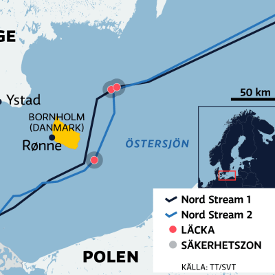 Karta över södra Östersjön som visar hur Nord Stream 1 och Nord Stream 2-ledningarna går öster om den danska ön Bornholm och var läckorna finns.