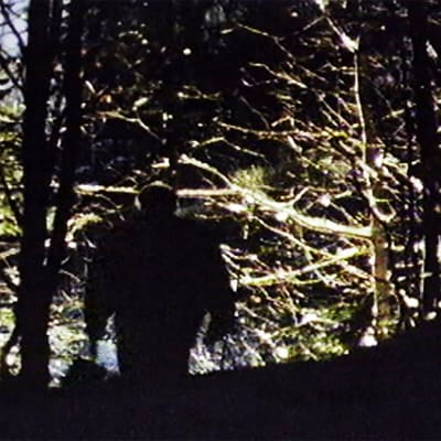 Pimeästä metsässä kulkee mies 