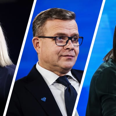 Puheenjohtajat Riikka Purra, Petteri Orpo ja Sanna Marin.