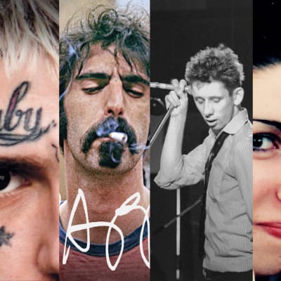 Musiikkidokumenttien key image -kuvien kooste, lähikuvia Phil Lynottista Amy Winehouseen.