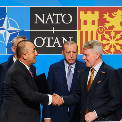 Mevlut Cavusoglu och Pekka Haavisto skakar hand efter förhandlingarna i Madrid. I bakgrunden bland andra Recep Tayyip Erdogan.