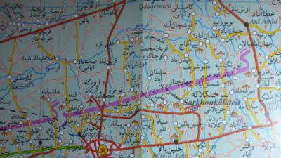 En del av Kristina Palténs rutt på en iransk karta.