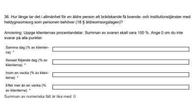 En enkätfråga där frågan lyder "Hur länge tar det i allmänhet för en äldre person att brådskande få boende- och institutionstjänster med heldygnsomsorg som personen behöver (paragraf 18 i äldreomsorgslagen).