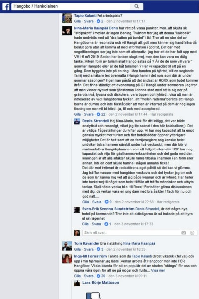 En skärmdump från en diskussion på Facebook i gruppen Hangöbo/Hankolainen. Stadsdirektören går in och kommenterar diskussionen.
