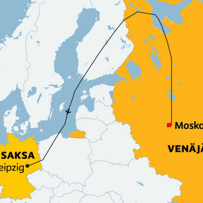 Kartalla lento RU675:n reitti Moskovasta Venäjältä, Suomen kautta Leipzigiin Saksaan.