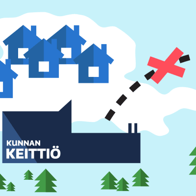 Grafiikkakuva maisemasta, jossa omakotitaloja ja kunnan keittiö. Kunnan keittiön ja punaisen talon välillä on katkoviiva, jonka keskellä on punainen rasti.