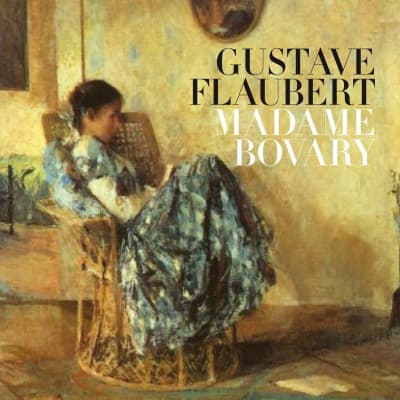 Bokomslaget till den franska klassikern Madame Bovary av Gustave Flaubert. Pärmbilden är en målning som föreställer en ung kvinna som sitter i en korgstol och läser.