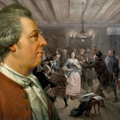 Carl Michael Bellman i ett rum med festande människor på Hans Thorwids oljemålning. 