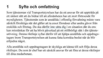 Utdrag ur Transportstyrelsens riktlinjer mot mutor.