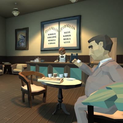 Screenshot Salakapakka-pelistä. Etualalla mieshahmo, joka juo teetä. Taustalla kahvilan tiski, jonka takana seisoo tarjoilija. Ruoka- ja juomalistat ovat seinällä tarjoilijan takana.