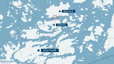 En blågrå karta som visar Mossala, Björkö och Houtskär.