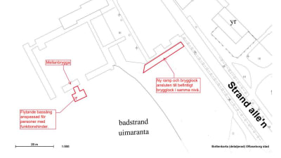 En enkel kartritning som visar hur badstranden vid Simmis i Ekenäs kunde göras mer tillgänglig med hjälp av ramp och annat. 